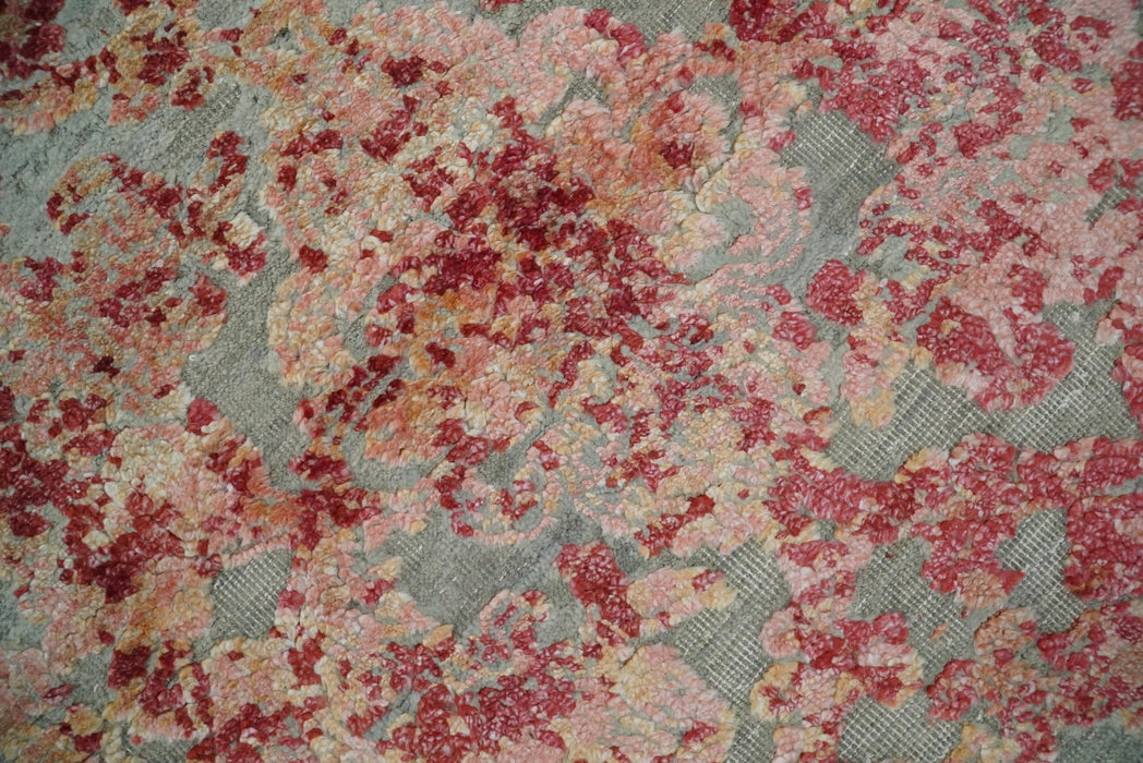 Hand Knotted 9x12 Pink and Silver Modern Persian Abstract Bamboo Silk and Wool Area Rug | TRD2061912