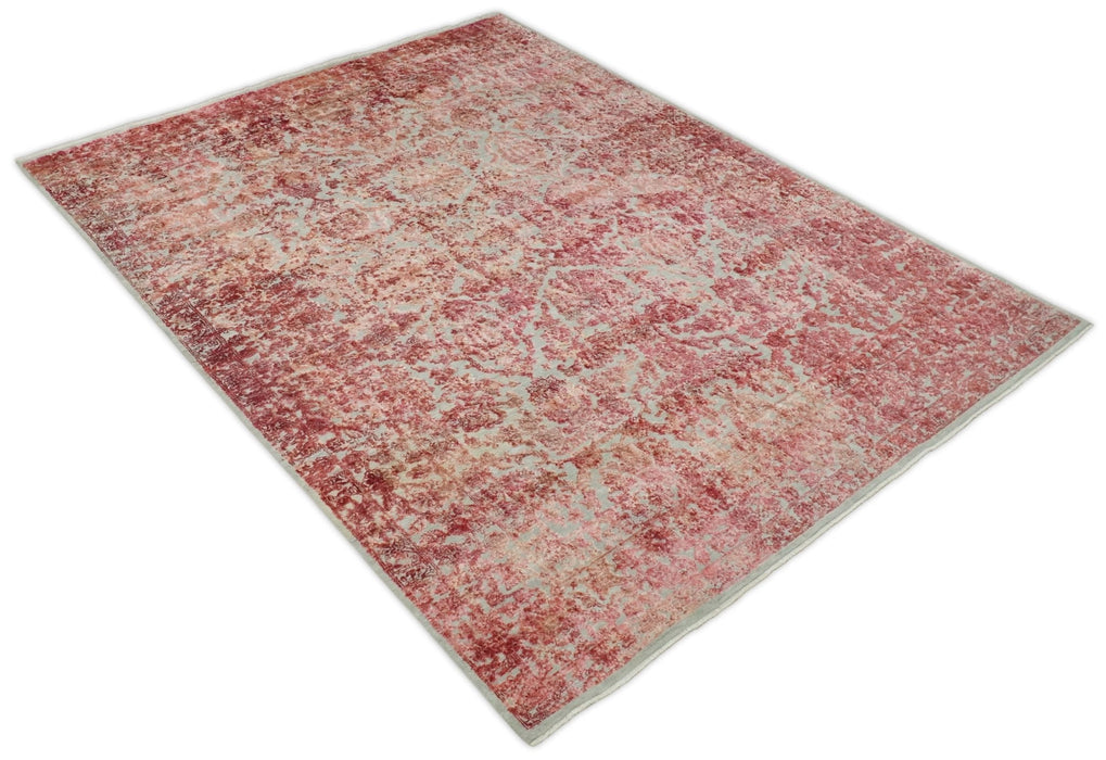 Hand Knotted 9x12 Pink and Silver Modern Persian Abstract Bamboo Silk and Wool Area Rug | TRD2061912