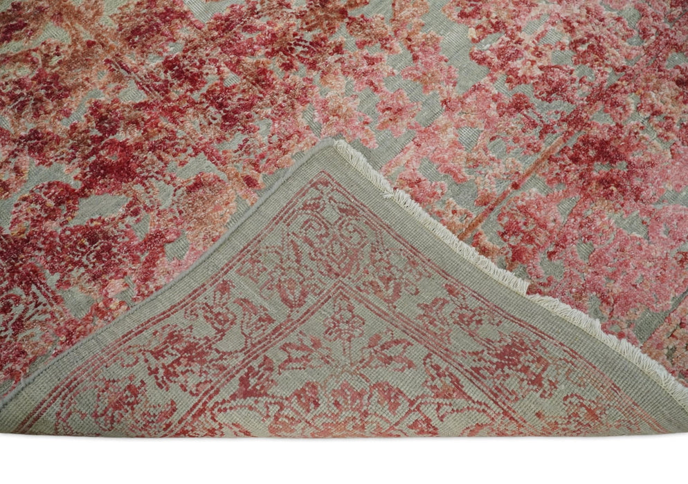 Hand Knotted 9x12 Pink and Silver Modern Persian Abstract Bamboo Silk and Wool Area Rug | TRD2061912