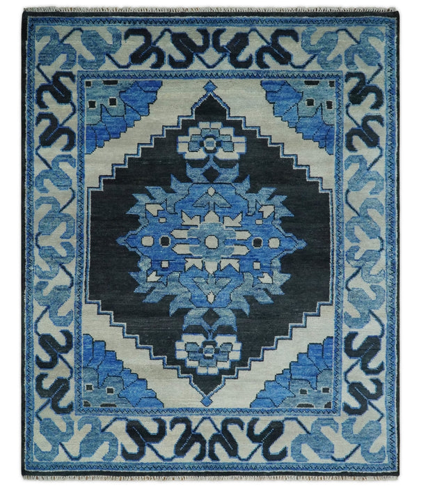 Blue and Black  Hand Knotted  Traditional Heriz Multi Size Wool Area Rug