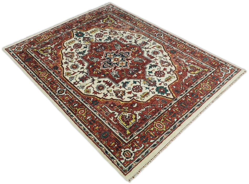 Ivory and Rust Traditional Heriz Medallion Hand Knotted Multi Size wool Area Rug