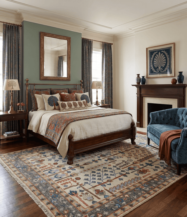 Hand Knotted Antique Ivory, Blue and Gray Traditional Style Oushak Wool Rug