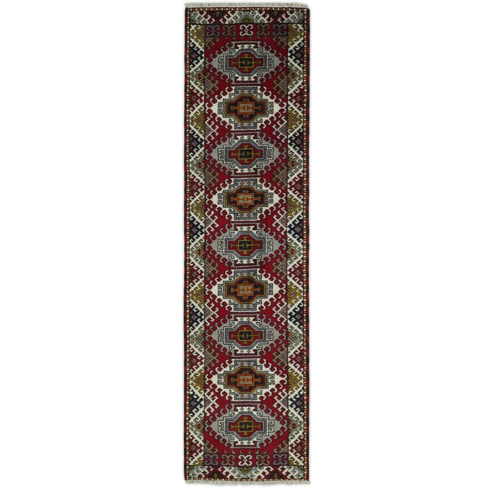 Hand Knotted Antique Kazak Runner Ivory and Red Traditional Tribal Armenian Rug | KZA4