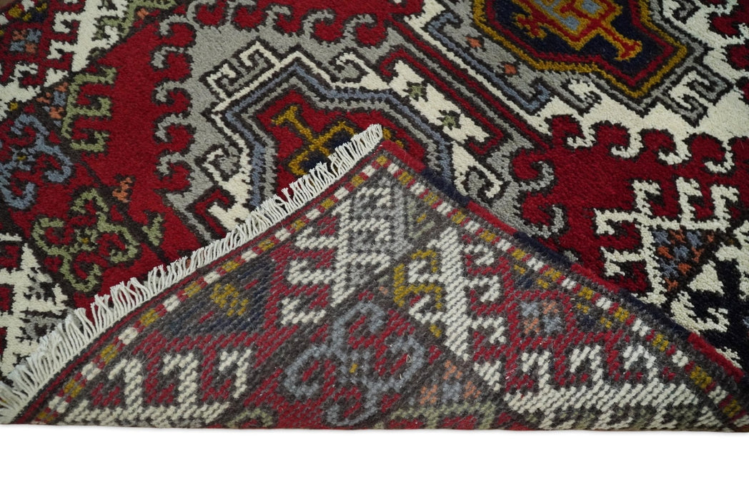 Hand Knotted Antique Kazak Runner Ivory and Red Traditional Tribal Armenian Rug | KZA4