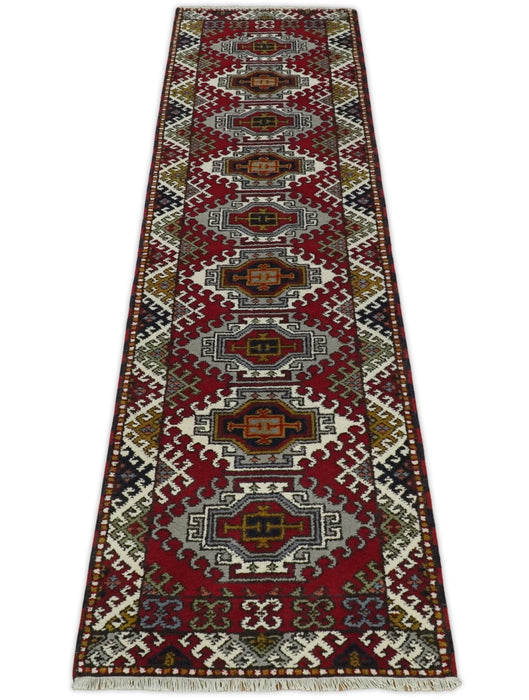 Hand Knotted Antique Kazak Runner Ivory and Red Traditional Tribal Armenian Rug | KZA4