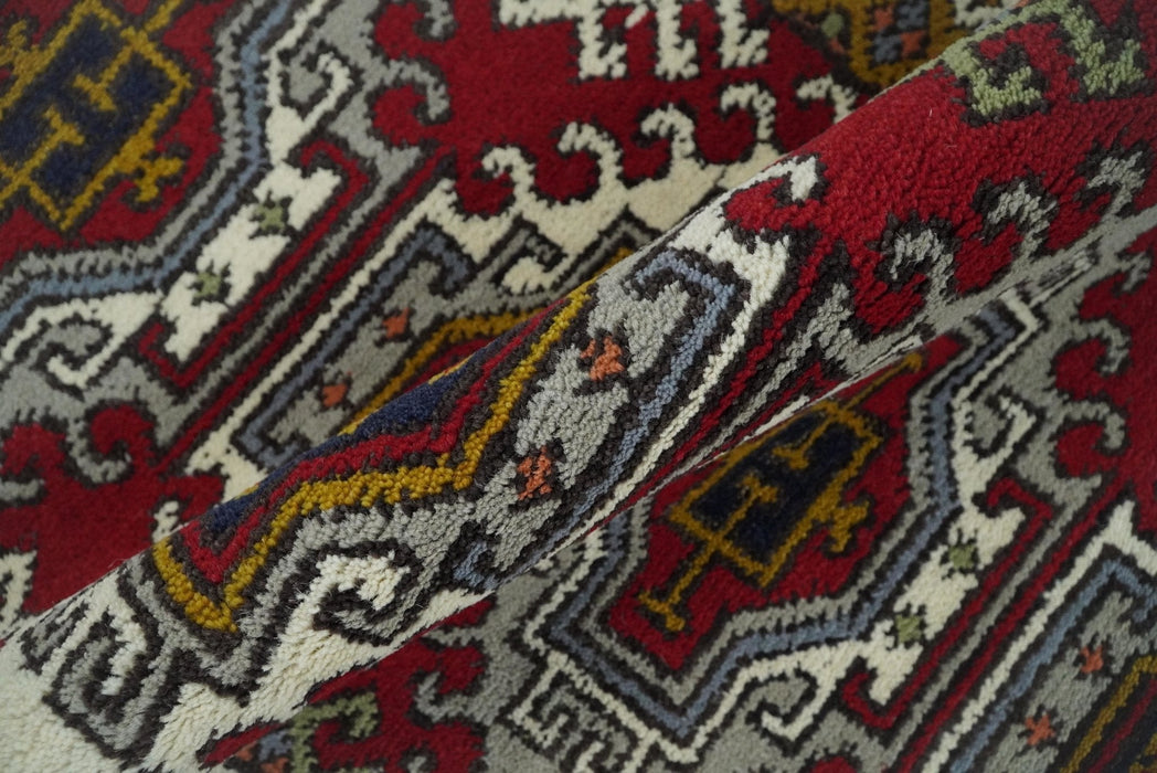 Hand Knotted Antique Kazak Runner Ivory and Red Traditional Tribal Armenian Rug | KZA4