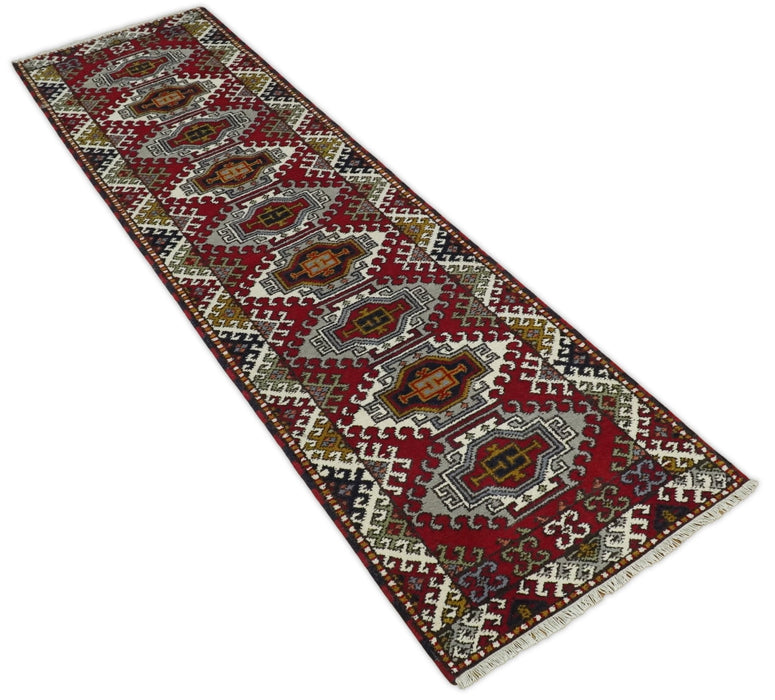 Hand Knotted Antique Kazak Runner Ivory and Red Traditional Tribal Armenian Rug | KZA4