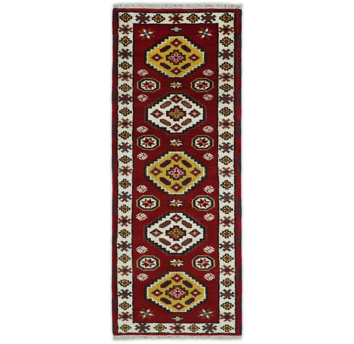 Hand Knotted Antique Kazak Runner Red and Ivory Traditional Tribal Armenian Rug | KZA5