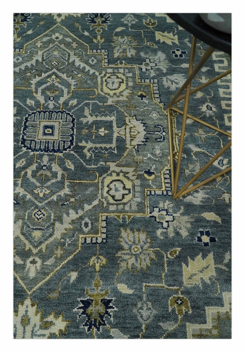 Custom Made Hand Knotted Antique Moss Gray Beige and Blue Traditional Heriz Serapi Wool Area Rug