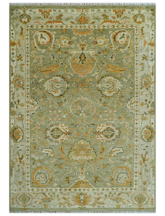 Hand Knotted Olive and Ivory Traditional Oushak Wool Rug