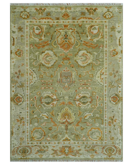 Hand Knotted Olive and Ivory Traditional Oushak Wool Rug