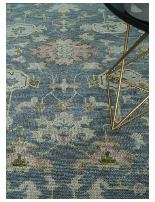 Custom Made Hand Knotted Gray, Blue and Beige Traditional Oushak Wool Area Rug