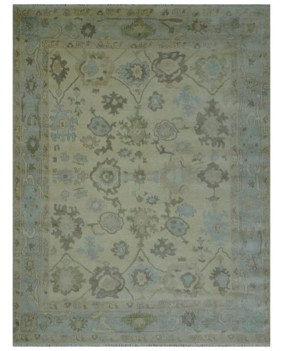 Hand Knotted Antique Style Beige and Silver Traditional Multi Size Oushak Wool Rug