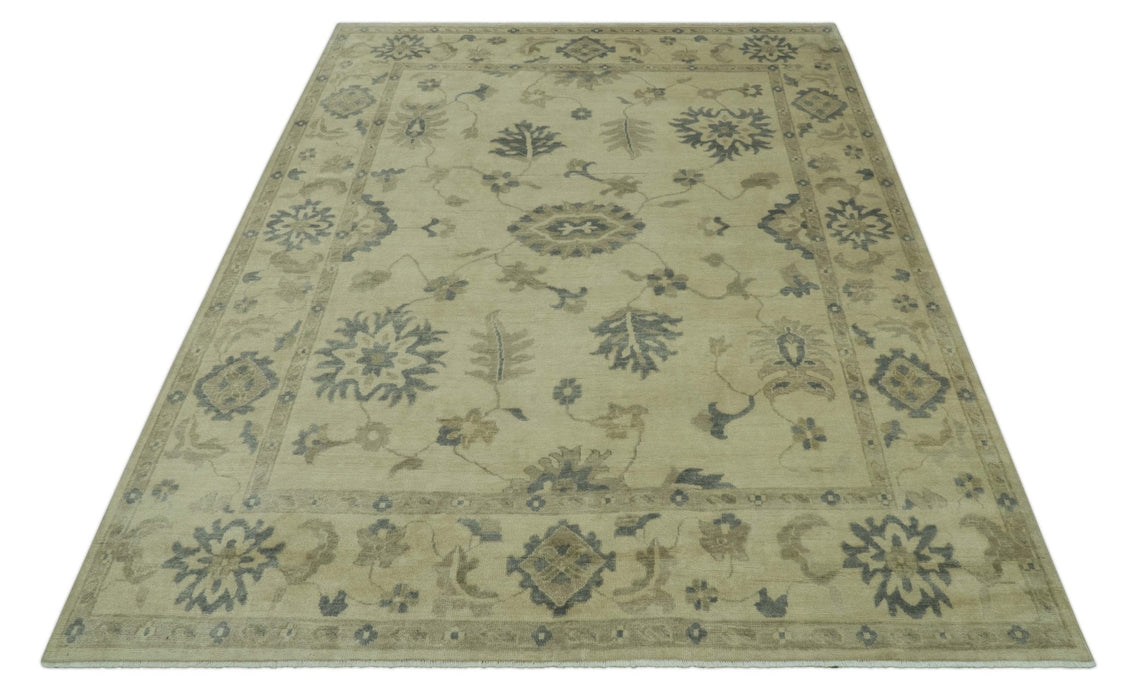 Hand Knotted Beige And Blue Traditional Oushak Design 9x11 Wool Area Rug