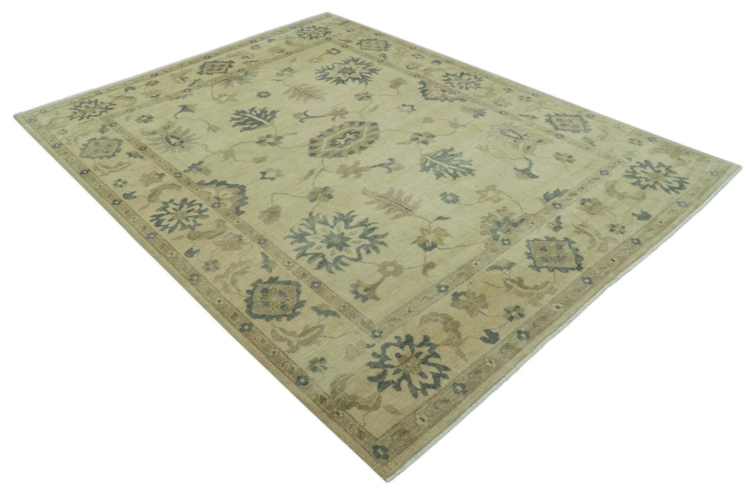 Hand Knotted Beige And Blue Traditional Oushak Design 9x11 Wool Area Rug