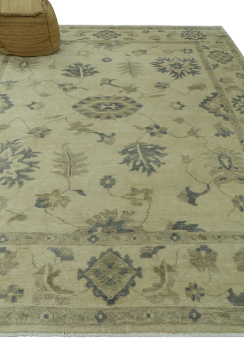 Hand Knotted Beige And Blue Traditional Oushak Design 9x11 Wool Area Rug