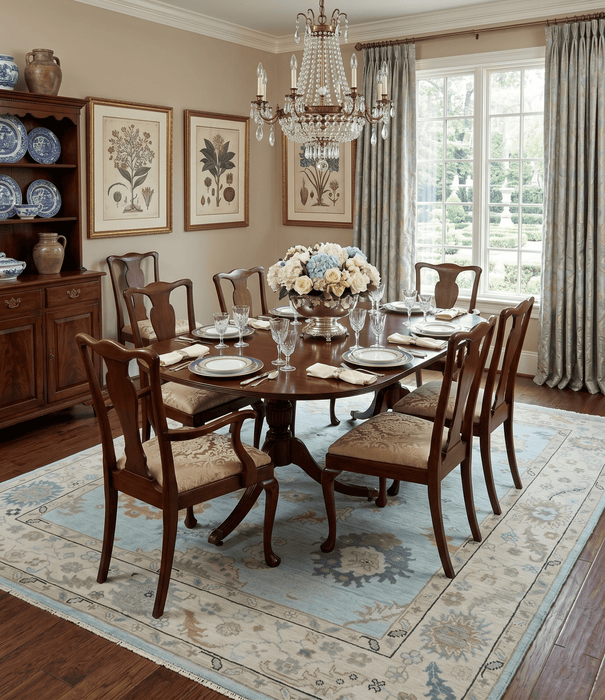 Hand Knotted Beige and Blue Traditional Oushak Design Wool Rug
