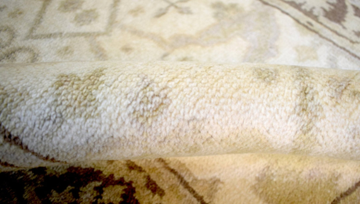 Hand Knotted Beige and Brown Antique Oushak Wool Runner Rug