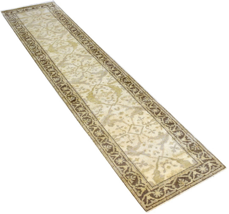 Hand Knotted Beige and Brown Antique Oushak Wool Runner Rug