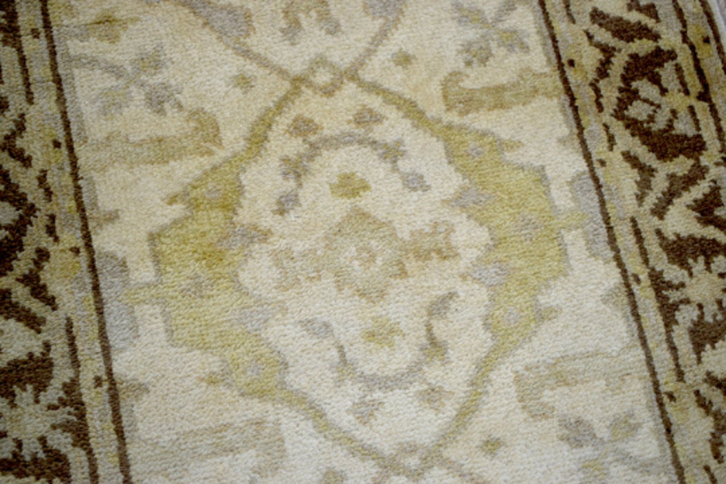 Hand Knotted Beige and Brown Antique Oushak Wool Runner Rug