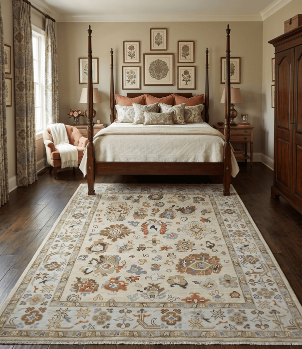 Hand Knotted Beige and Brown Traditional Oushak Wool Area Rug