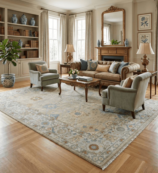 Hand Knotted Beige and Ivory Traditional  Floral Wool Area Rug