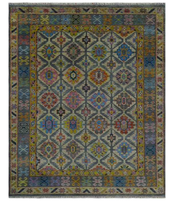 Hand Knotted Beige, Gray and Mustard Oriental 8x10 Wool Area Rug