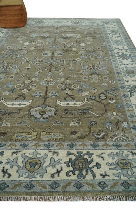 Hand Knotted Beige, Ivory and Silver Oriental Oushak 9x12 Traditional Wool Area Rug