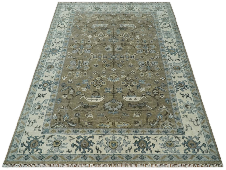 Hand Knotted Beige, Ivory and Silver Oriental Oushak 9x12 Traditional Wool Area Rug