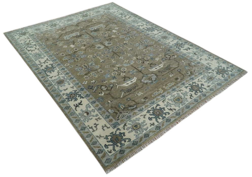 Hand Knotted Beige, Ivory and Silver Oriental Oushak 9x12 Traditional Wool Area Rug