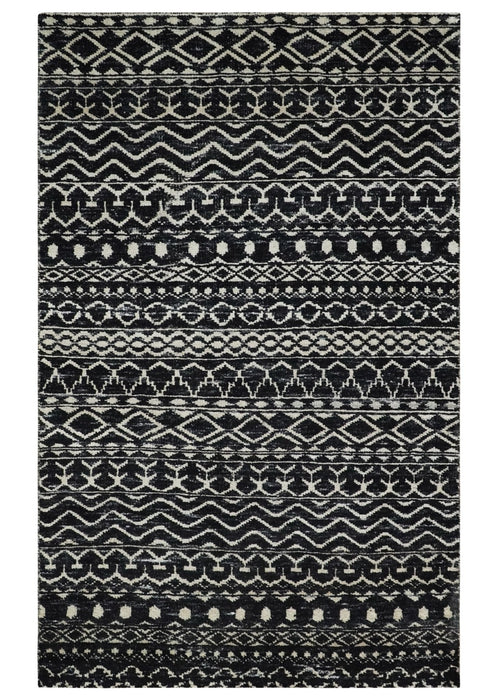 Hand Knotted Black and Ivory Modern Contemporary Tribal Trellis Recycled Silk Area Rug