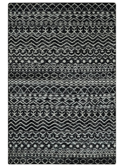 Hand Knotted Black and Ivory Modern Contemporary Tribal Trellis Recycled Silk Area Rug