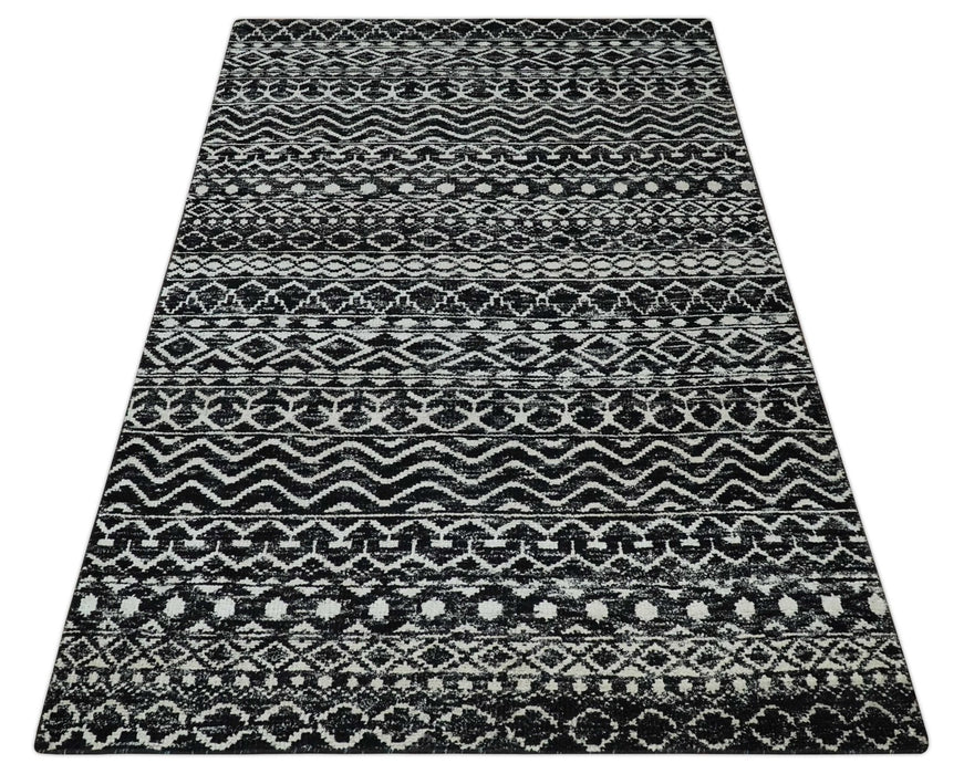 Hand Knotted Black and Ivory Modern Contemporary Tribal Trellis Recycled Silk Area Rug