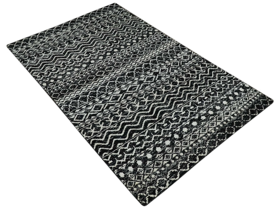 Hand Knotted Black and Ivory Modern Contemporary Tribal Trellis Recycled Silk Area Rug