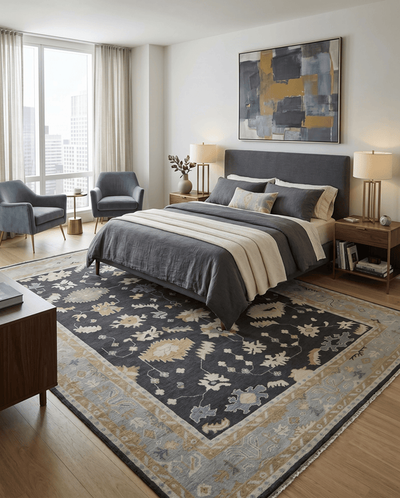 Hand Knotted Black, Beige and Silver Traditional Oushak Wool Rug