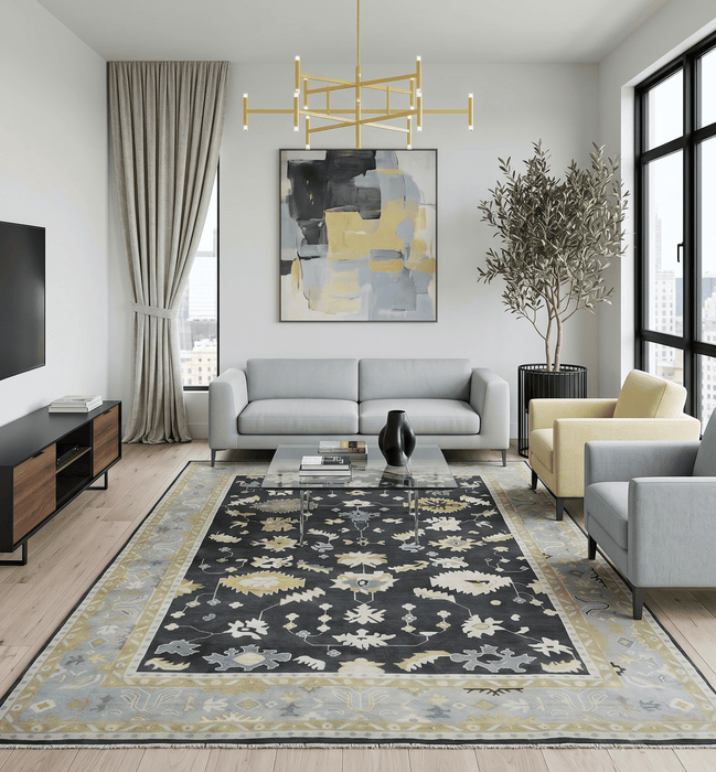 Hand Knotted Black, Beige and Silver Traditional Oushak Wool Rug