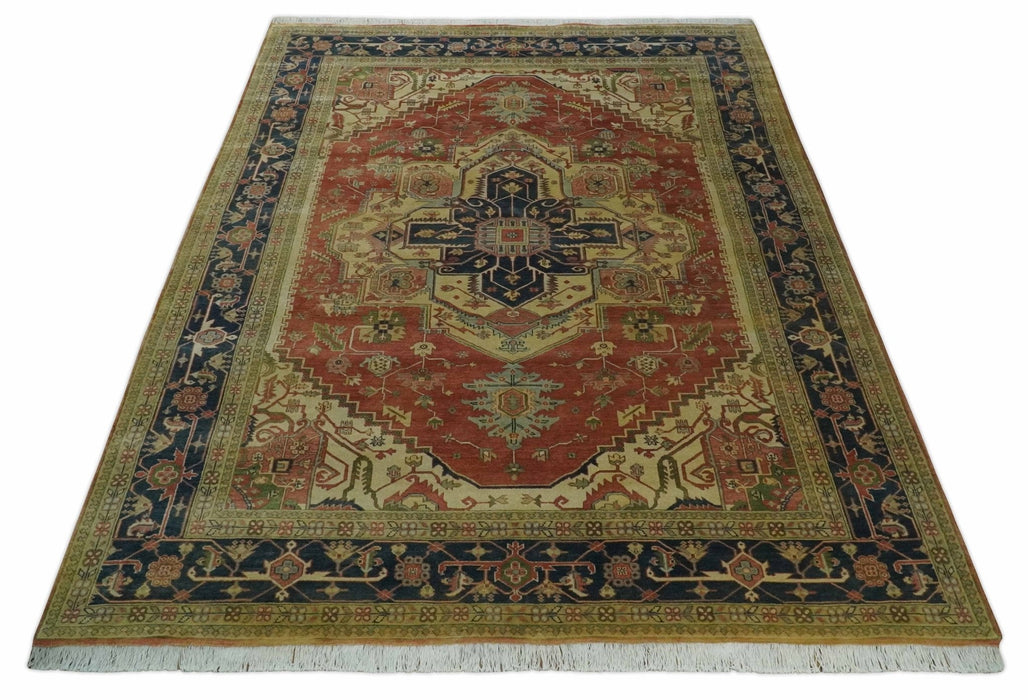 Hand Knotted Black, Rust and Beige 9x12 Traditional Heriz Serapi Wool Area Rug