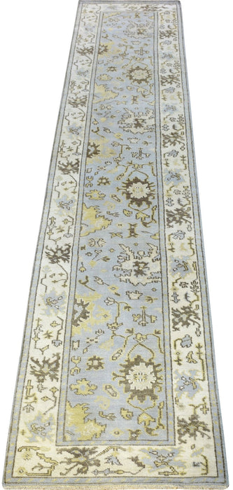 Hand Knotted Blue and Beige Antique Oushak Blue and Beige Wool Runner Rug