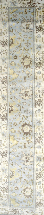 Hand Knotted Blue and Beige Antique Oushak Blue and Beige Wool Runner Rug