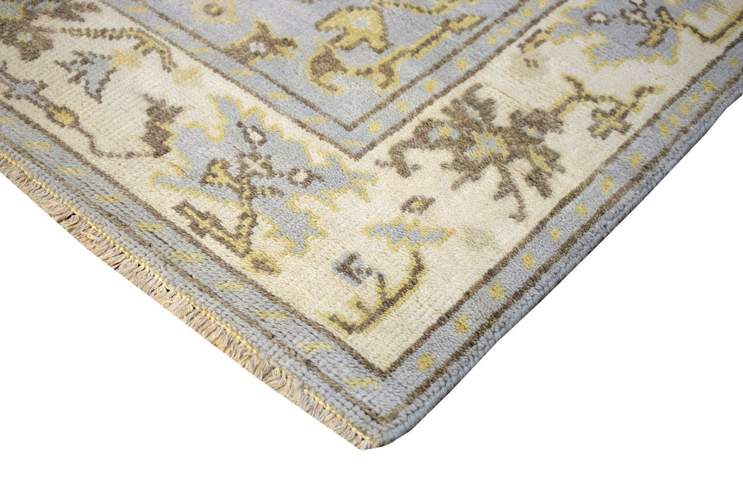 Hand Knotted Blue and Beige Antique Oushak Blue and Beige Wool Runner Rug