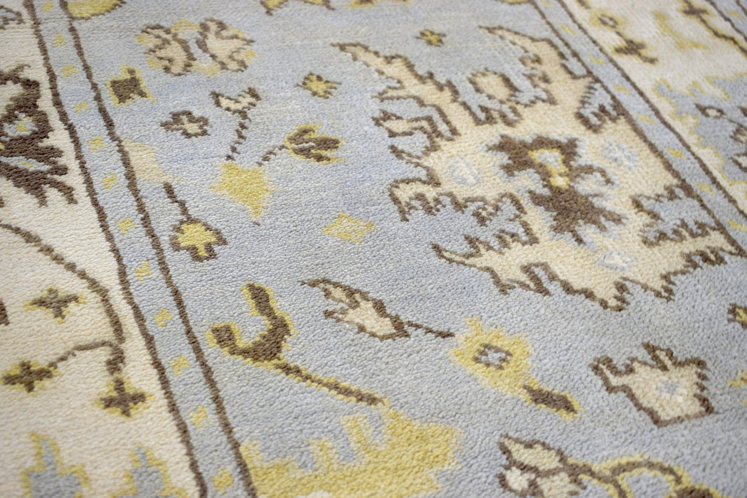 Hand Knotted Blue and Beige Antique Oushak Blue and Beige Wool Runner Rug
