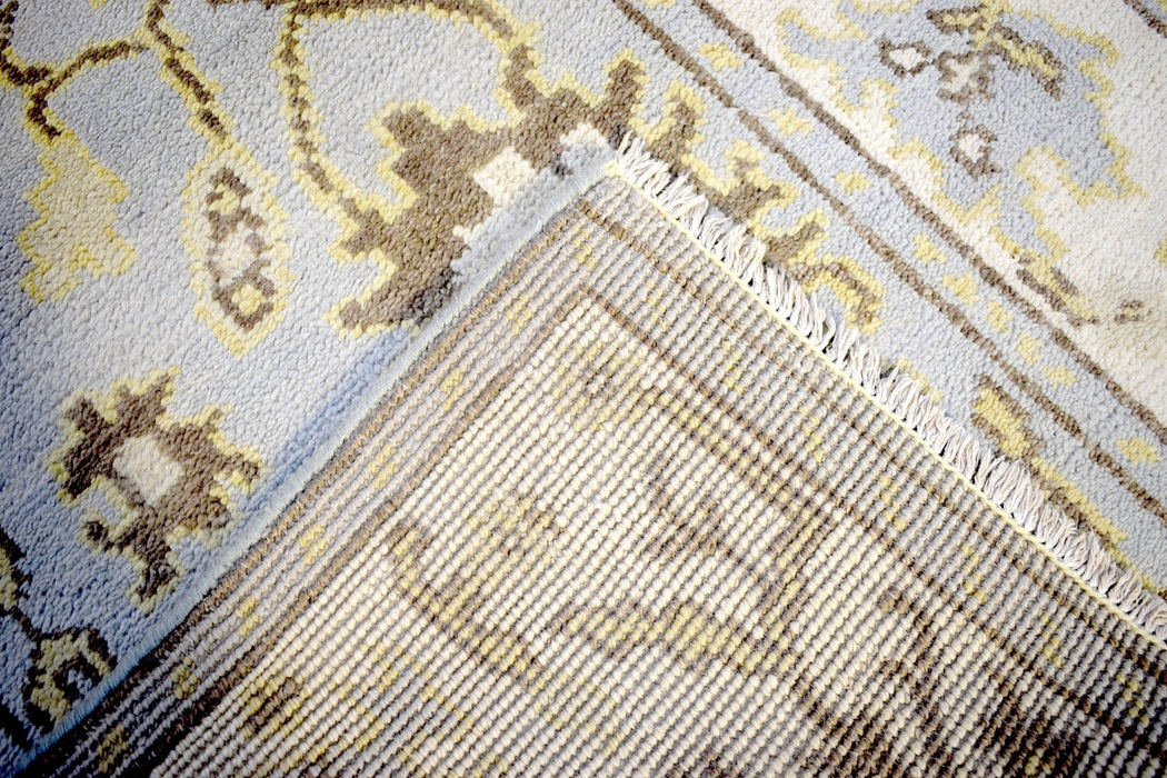 Hand Knotted Blue and Beige Antique Oushak Blue and Beige Wool Runner Rug