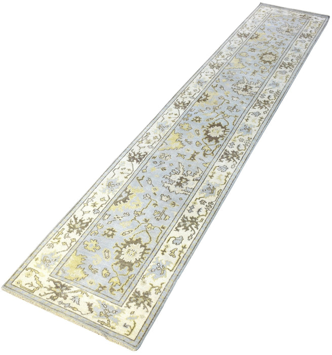 Hand Knotted Blue and Beige Antique Oushak Blue and Beige Wool Runner Rug