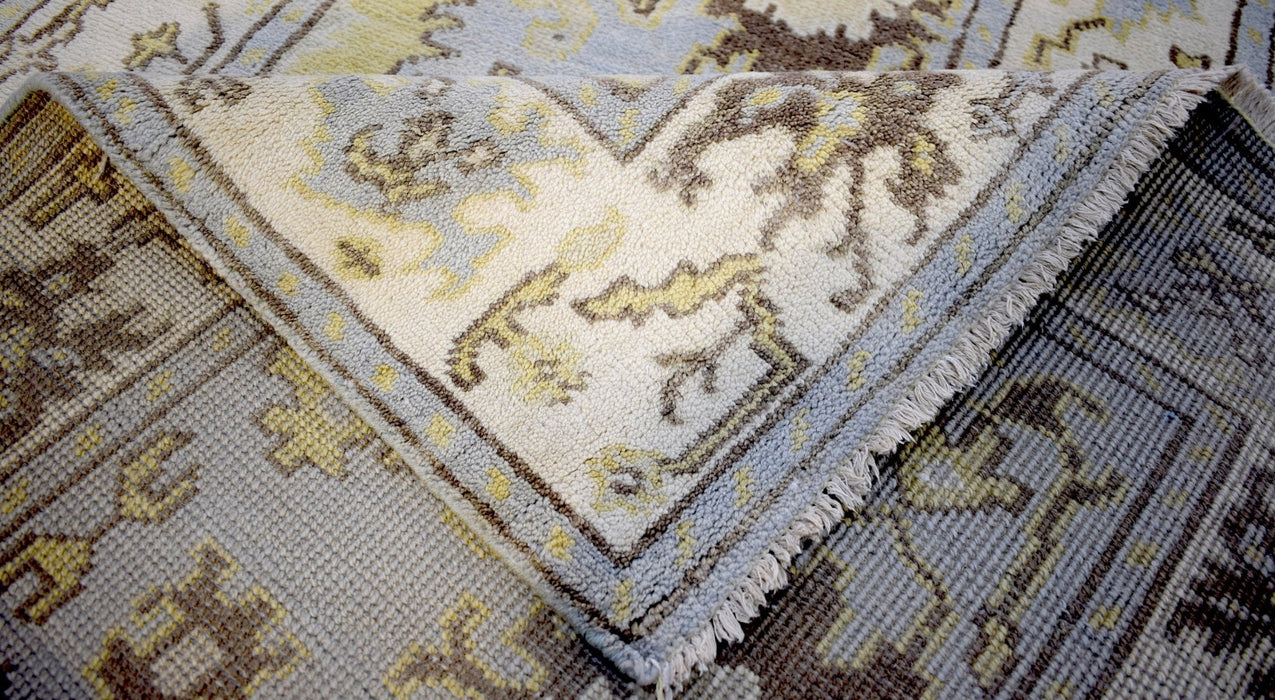 Hand Knotted Blue and Beige Antique Oushak Blue and Beige Wool Runner Rug