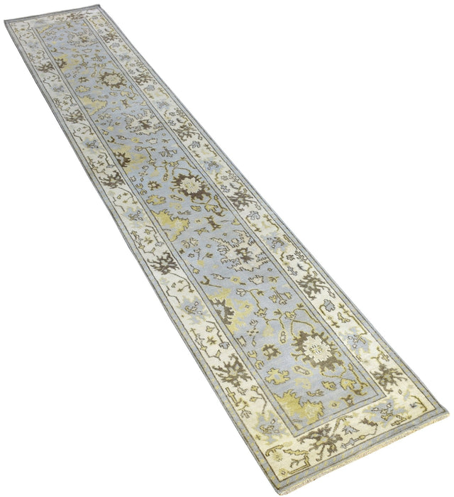 Hand Knotted Blue and Beige Antique Oushak Blue and Beige Wool Runner Rug