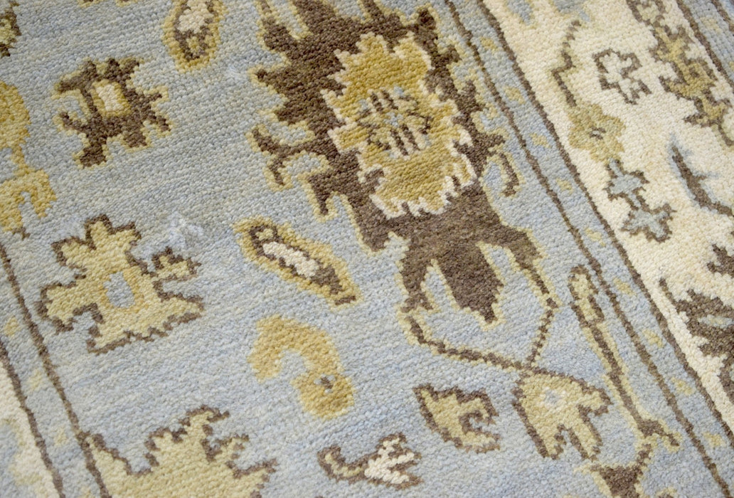 Hand Knotted Blue and Beige Antique Oushak Wool Runner Rug