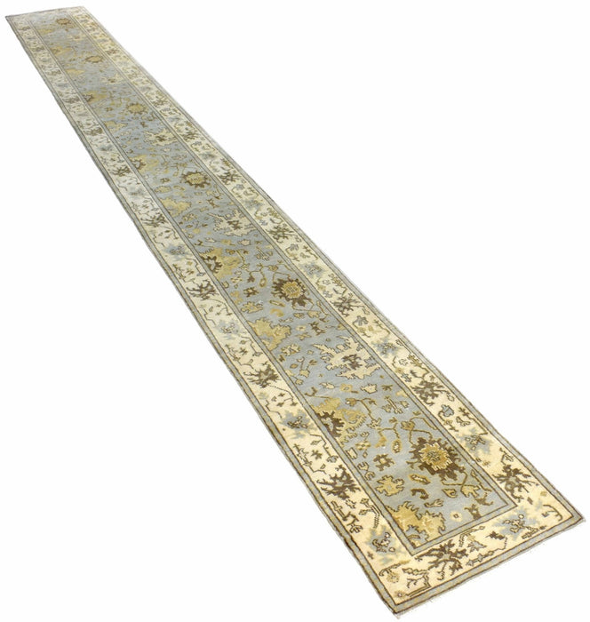 Hand Knotted Blue and Beige Antique Oushak Wool Runner Rug