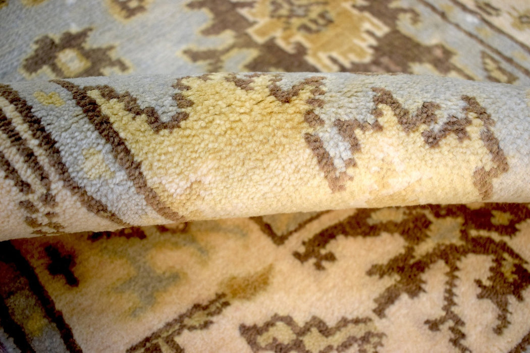 Hand Knotted Blue and Beige Antique Oushak Wool Runner Rug