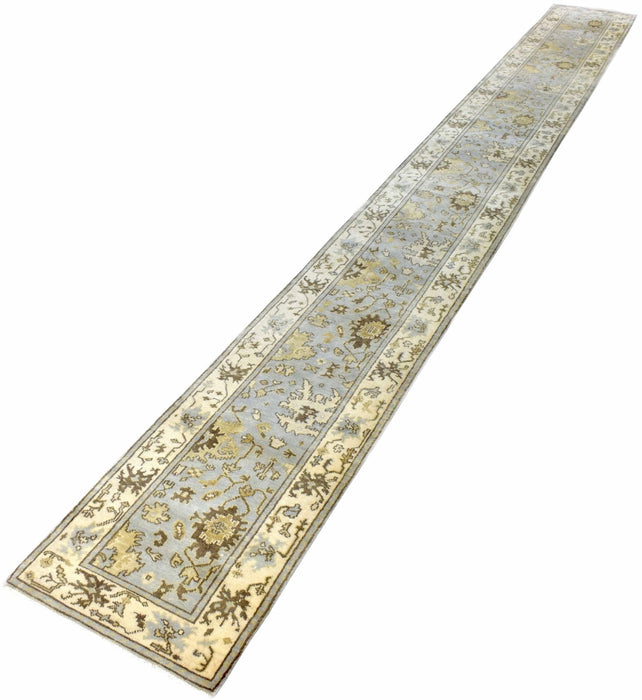 Hand Knotted Blue and Beige Antique Oushak Wool Runner Rug