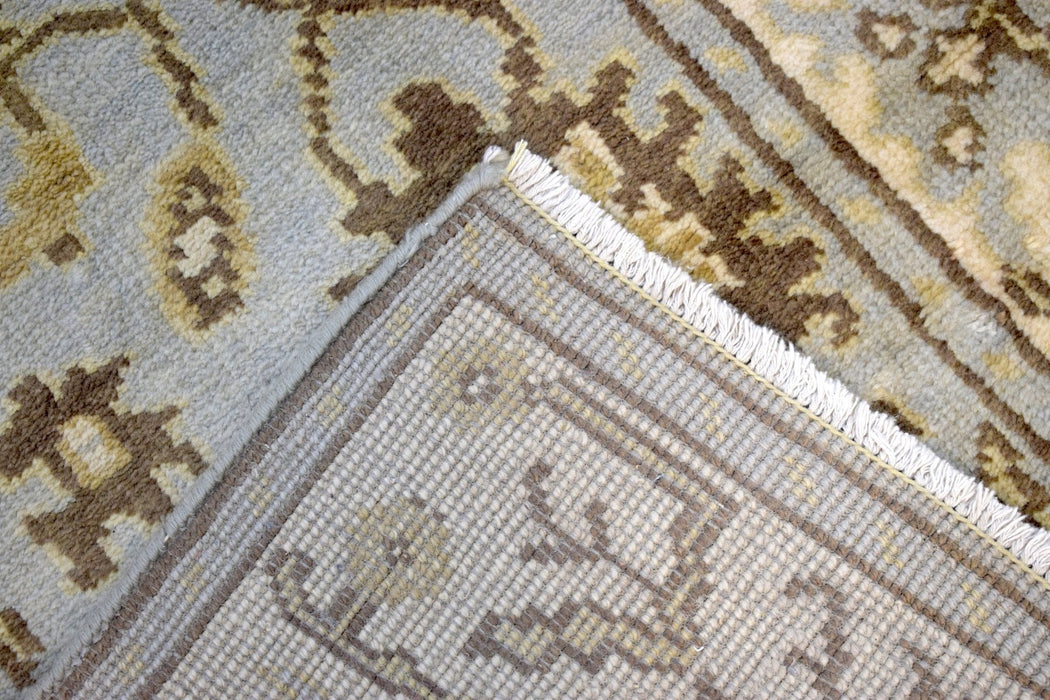 Hand Knotted Blue and Beige Antique Oushak Wool Runner Rug